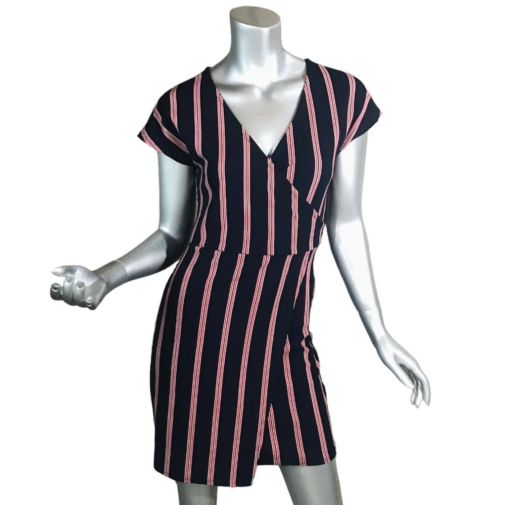 Rebel Sugar Women's Small Striped Blue Red Short Body-con Style Dress Faux Wrap